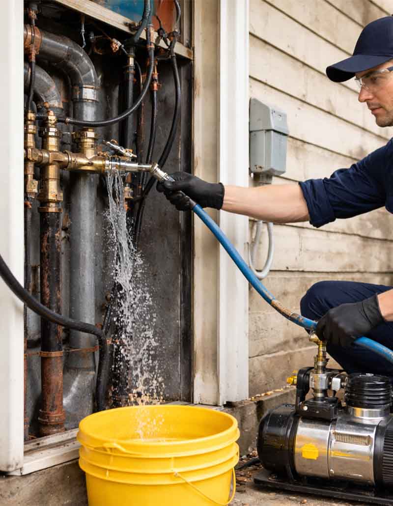 HVAC technician from L.F. Fenimore Plumbing and HVAC in South Jersey de-winterizing AC unit