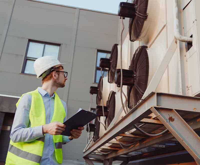 South Jersey HVAC technician from L.F. Fenimore Plumbing and HVAC inspecting commercial air conditioning units.