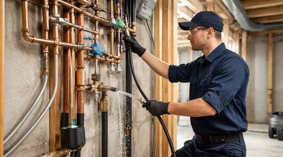 Professional plumber in South Jersey performing de-winterization and pipe maintenance on residential plumbing system